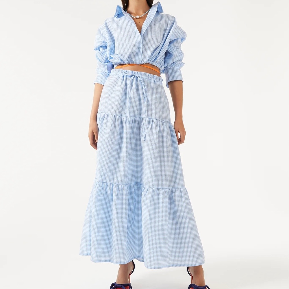 NWT &Merci Tiered Gingham Midi Skirt Blue White Elastic Waist Size Medium